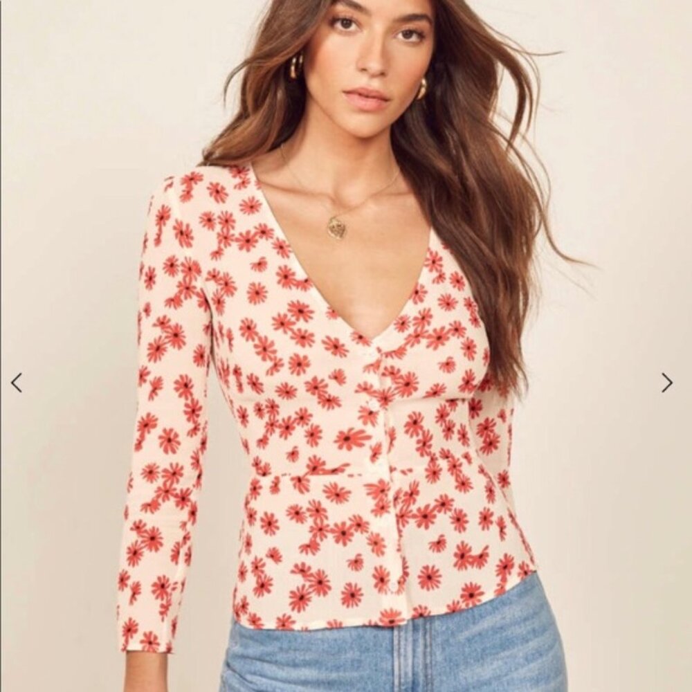 Reformation Jemma Daisy Days Floral Peplum Blouse in Red Size 4 EUC